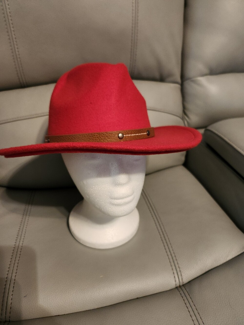 Wide Brim Red Felt Fedora with Brown Leather Band